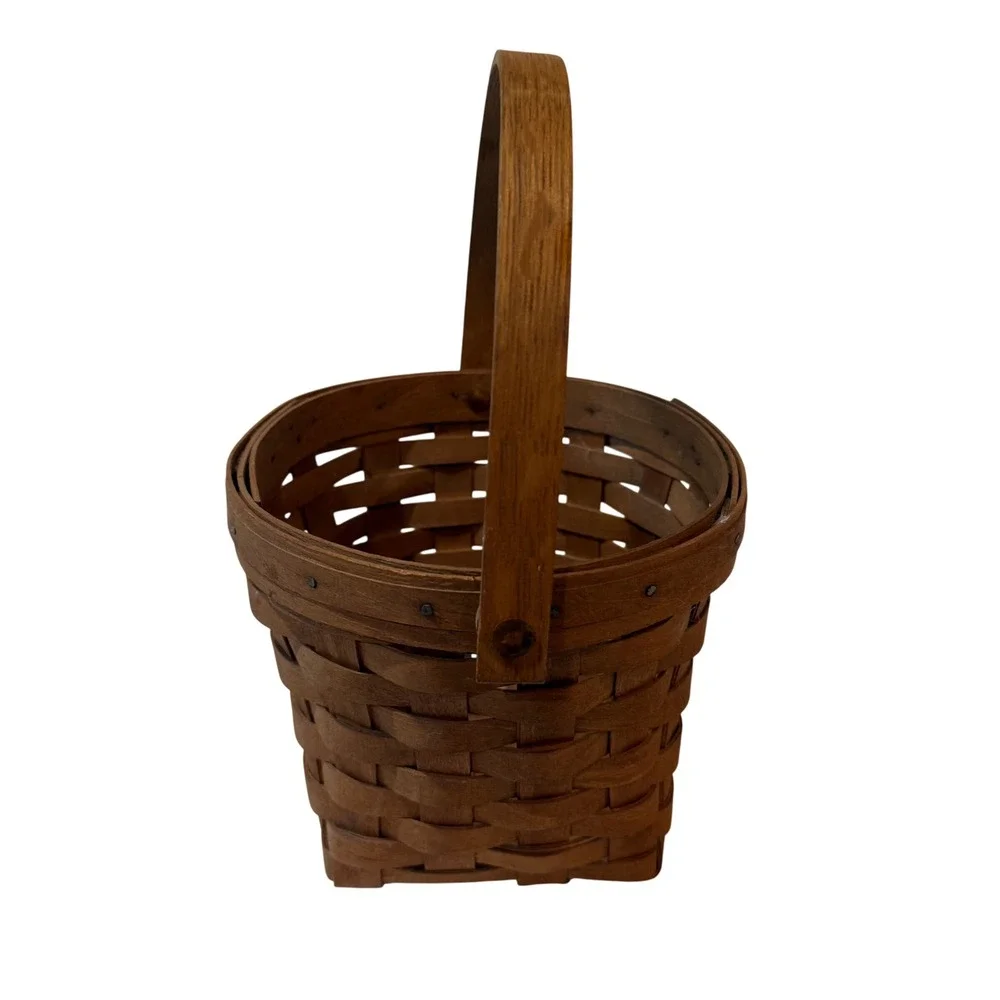 Longaberger Handwoven Basket Round Top Square Base Brown Wood USA Cottage core